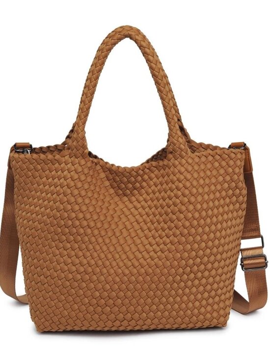 Sol And Selene Handbags - Sol and Selene Sky's The Limit Medium Tote Neoprene Tan Sand Crossbody Bag